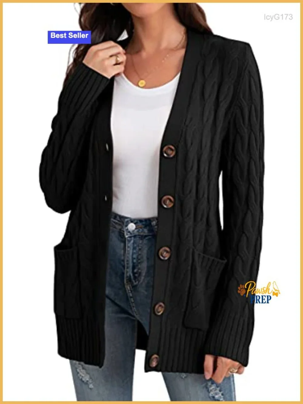 Women's Cable Knit Cardigan Sweater with Pockets, Cozy Long Sleeve Open Front